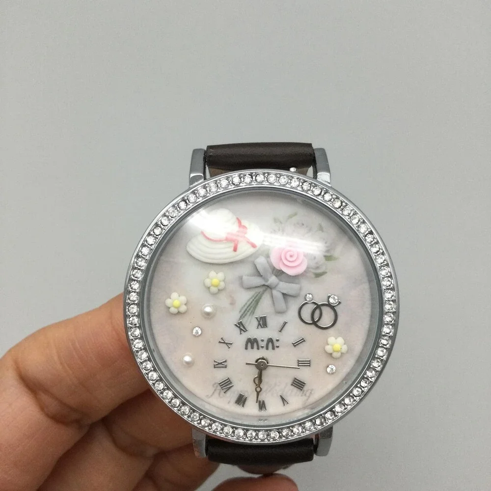 Mini Womens Watch 40mm Multicolor 3D Dial Floral Crystals Leather New Battery